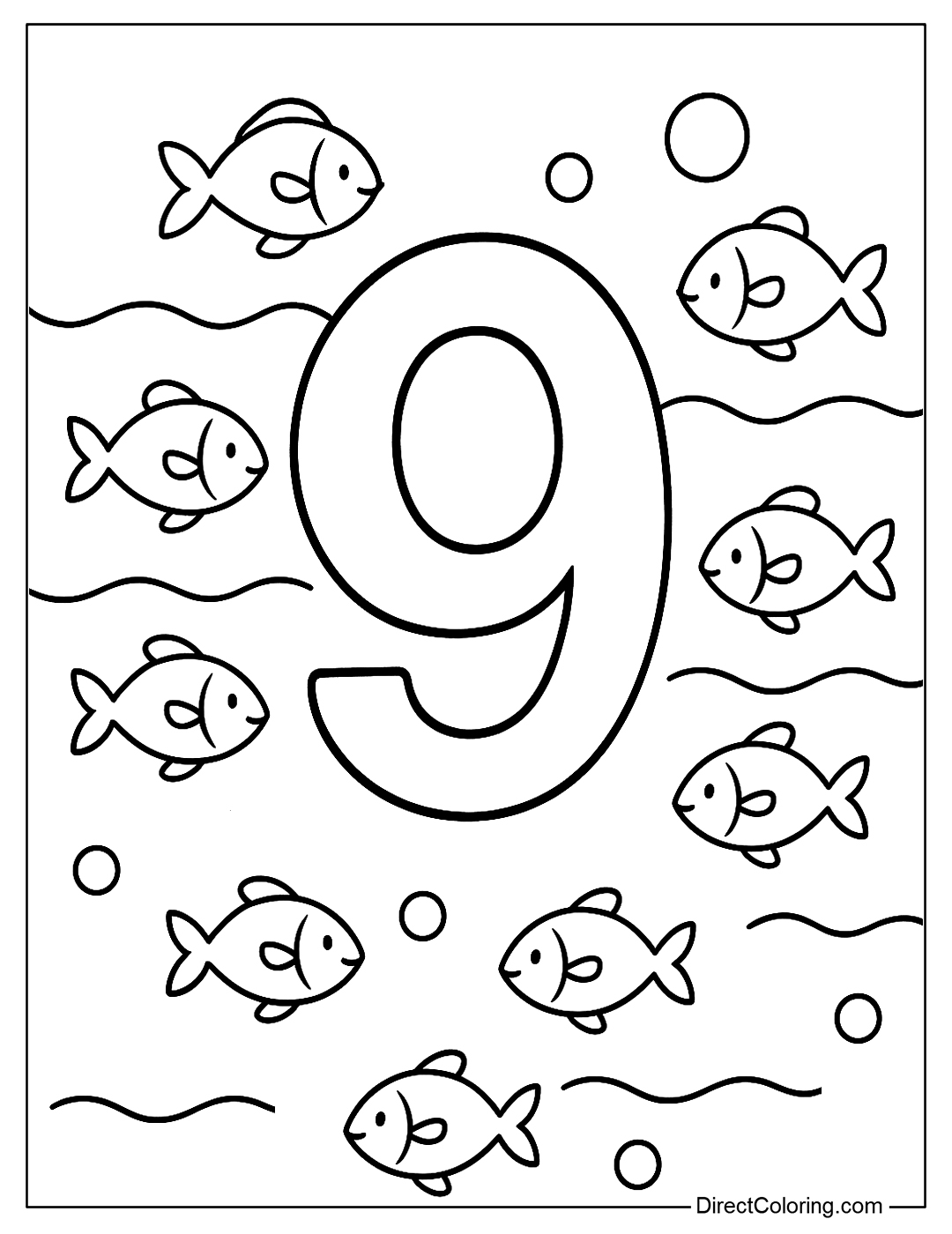 Coloring page number 9 and 9 small fish swimming in a lake